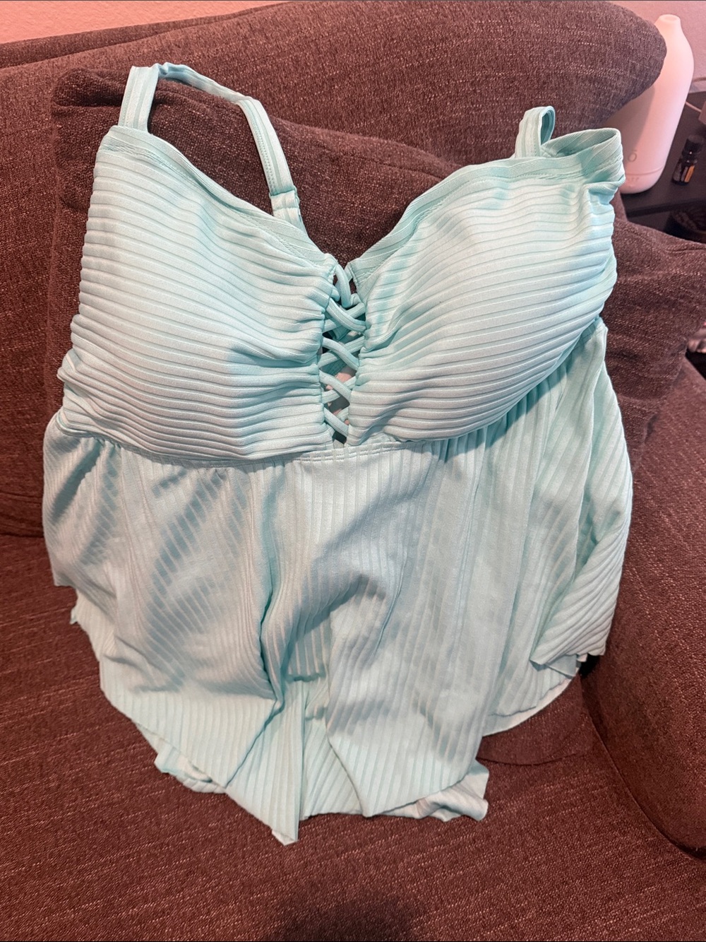 torrid Light Aqua Ribbed Tankini Top with Lace-Up Detail